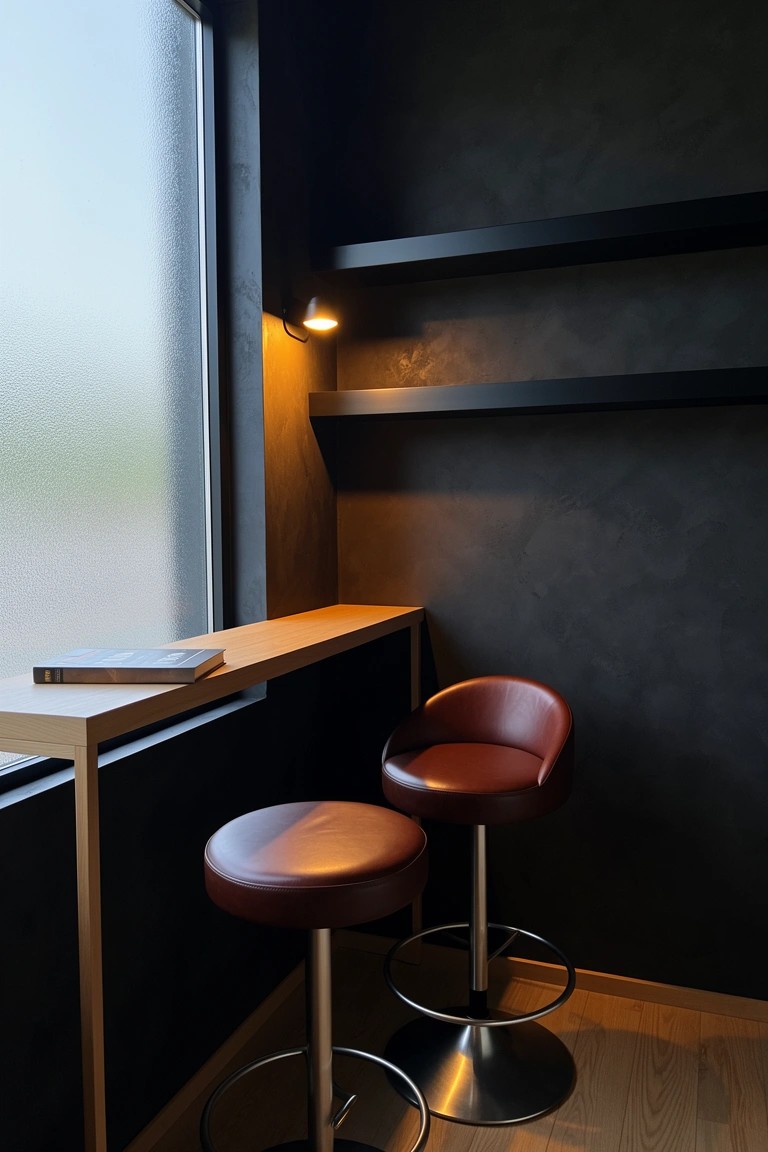 Moody black corner with slim wooden bar counter, open book, two red leather stools on metal bases, black shelves, warm lamp, and frosted window
