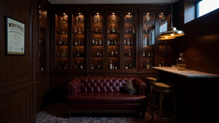 22 Moody Whiskey Room Ideas For A Dramatic Ambience Dark wood paneled bar nook with glass-fronted shelves lit up to display whiskey bottles, high stools at a white counter, and leather sofa nearby