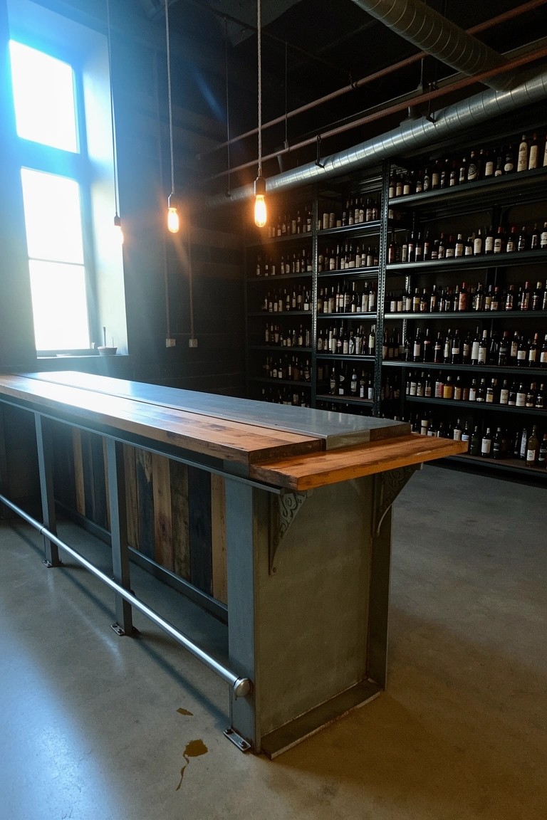 Long industrial metal bar counter with reclaimed wood top and surrounding shelves stocked with whiskey bottles in a dimly lit room