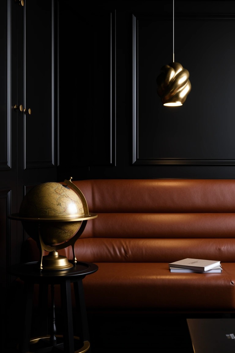 Black paneled room with tufted burnt orange leather bench, gold globe on stand, and twisted gold pendant light