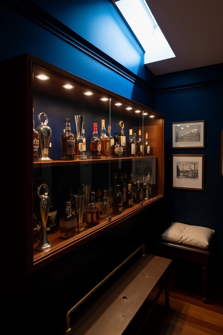 Tall wooden cabinet with internal lighting displaying whiskey bottles and trophies against a dark blue wall, with a bench nearby