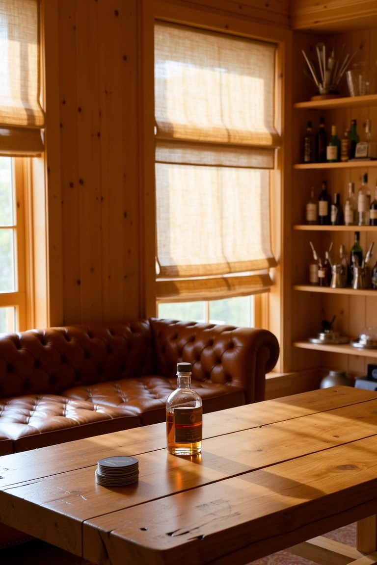 Cozy whiskey room with warm wood-paneled walls, tufted leather sofa, wooden table holding a whiskey bottle, and open shelves displaying liquor bottles