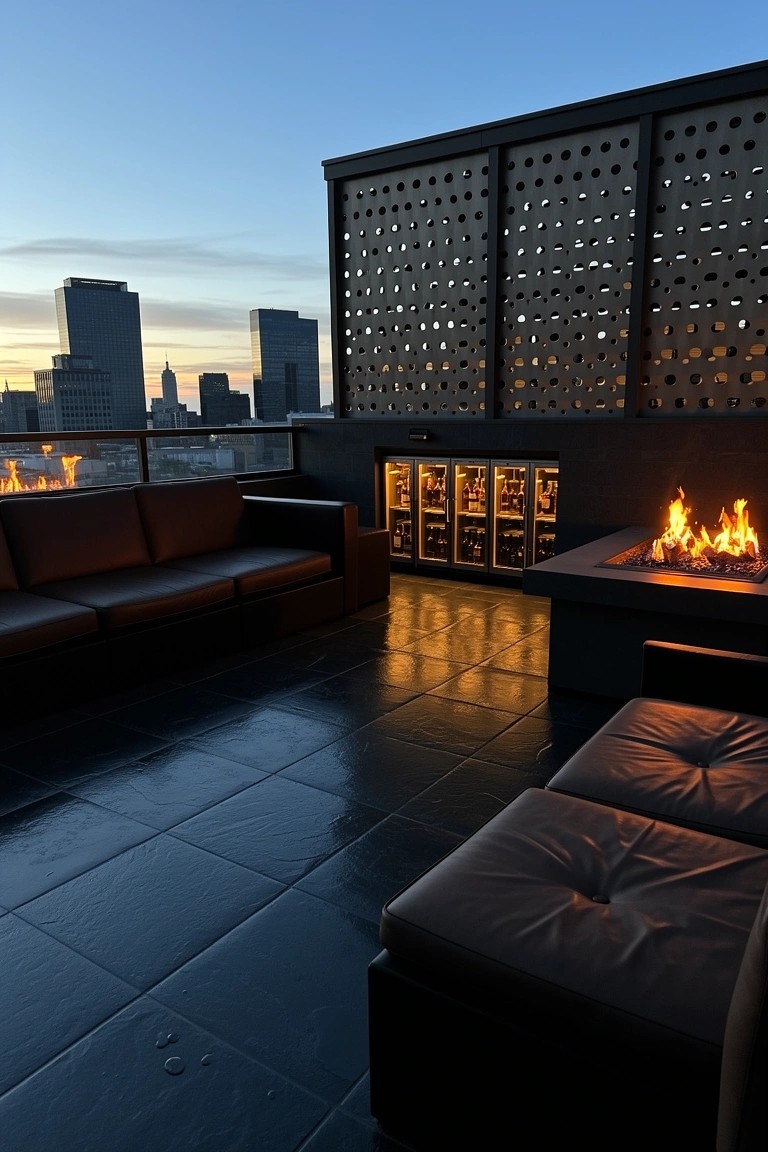Moody rooftop terrace lounge with dark leather sofas around a built-in fire pit, illuminated bar fridge, and city view at dusk