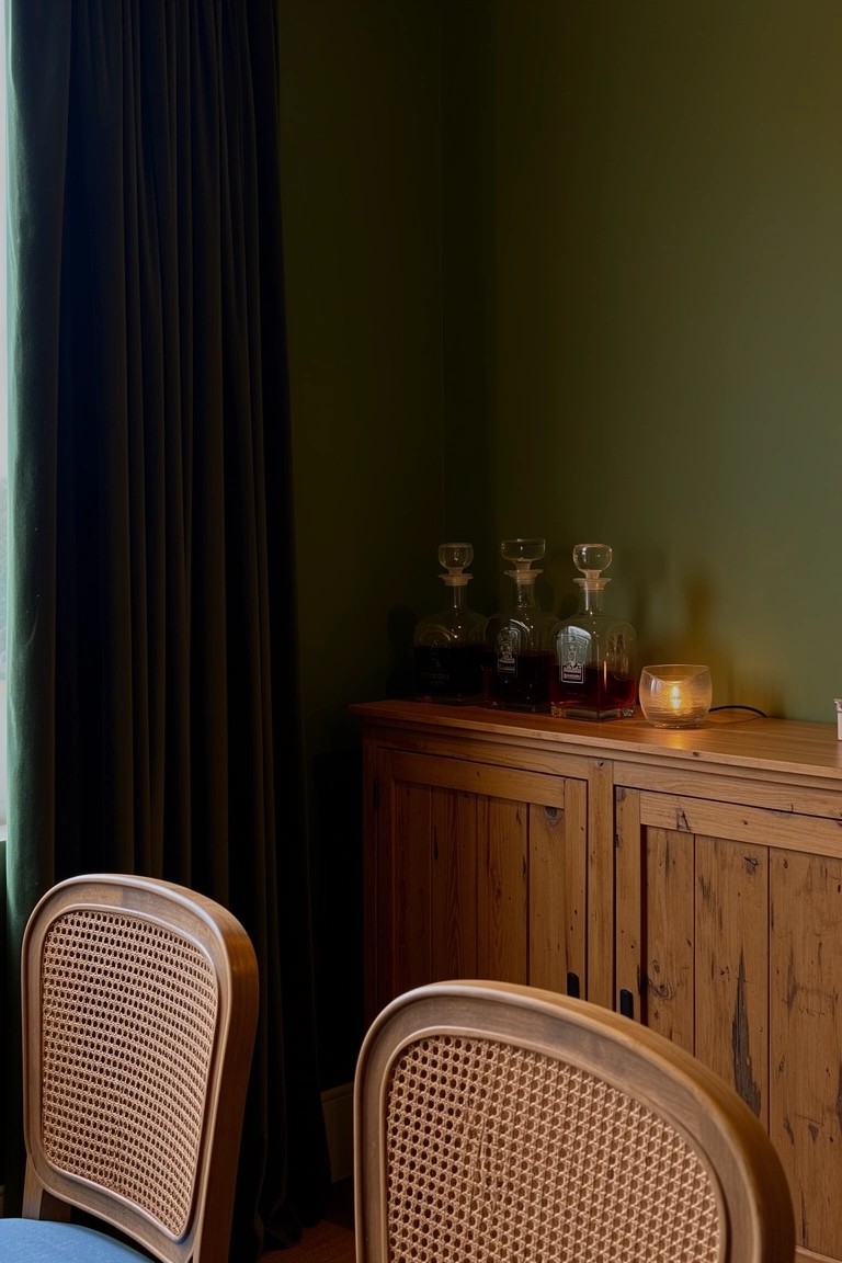 Dark green room corner with wooden credenza holding whiskey decanters and a lit candle, flanked by rattan chairs and heavy drapes
