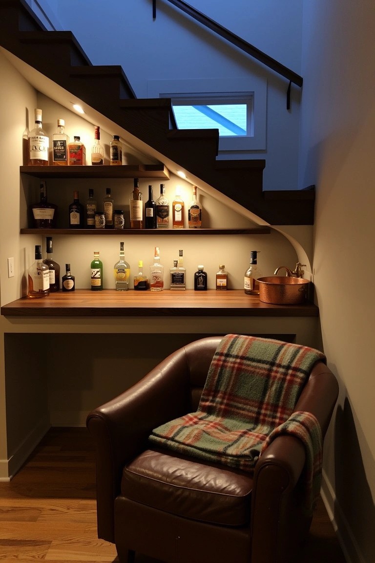 Cozy under-stair whiskey nook with backlit wooden shelves holding bottles, a bar counter, and leather armchair with plaid blanket