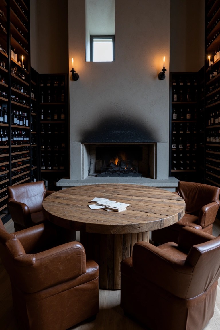 Moody whiskey room featuring full-wall dark wood wine racks, central stone fireplace with fire, round wooden table, and leather armchairs