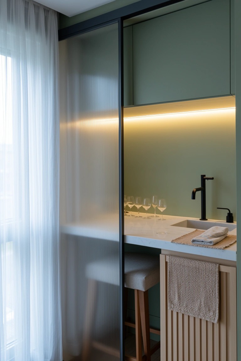 Compact bar area with green cabinets behind black sliding glass door, white counter, wood stools, and wine glasses on display