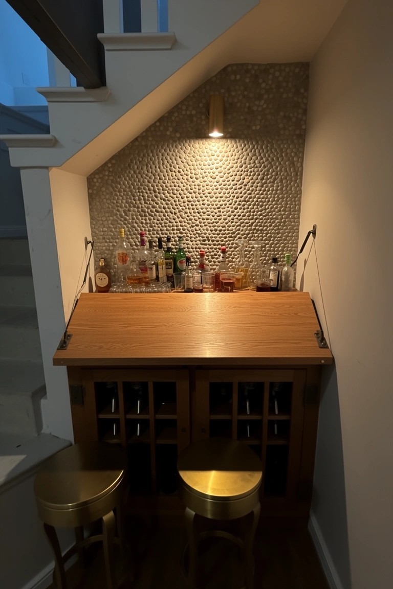 Compact wooden bar cabinet under a staircase lined with liquor bottles, flanked by gold stools against a pebble wall