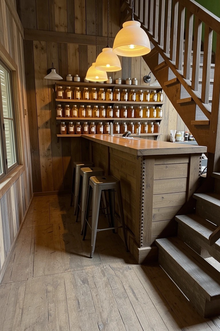 Rustic wooden bar counter under wooden stairs with shelves of amber jars and pendant lights