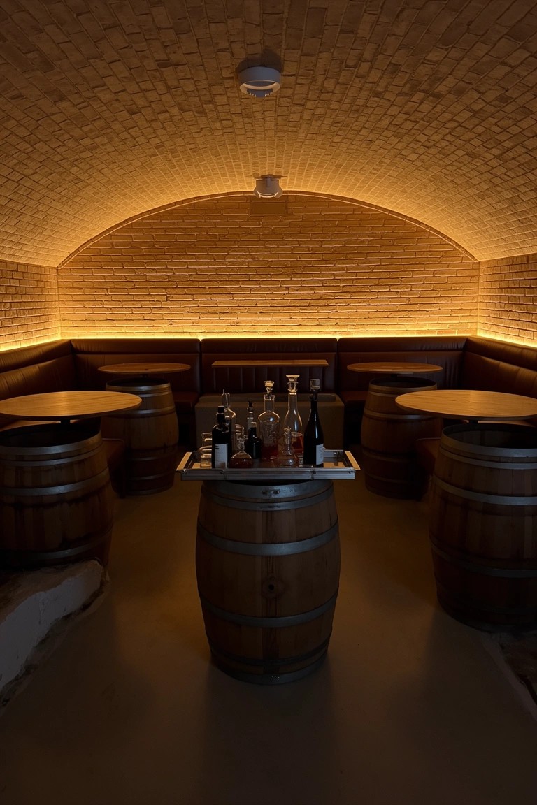 Speakeasy room with wooden barrels used as round tables under brick arches and warm edge lighting