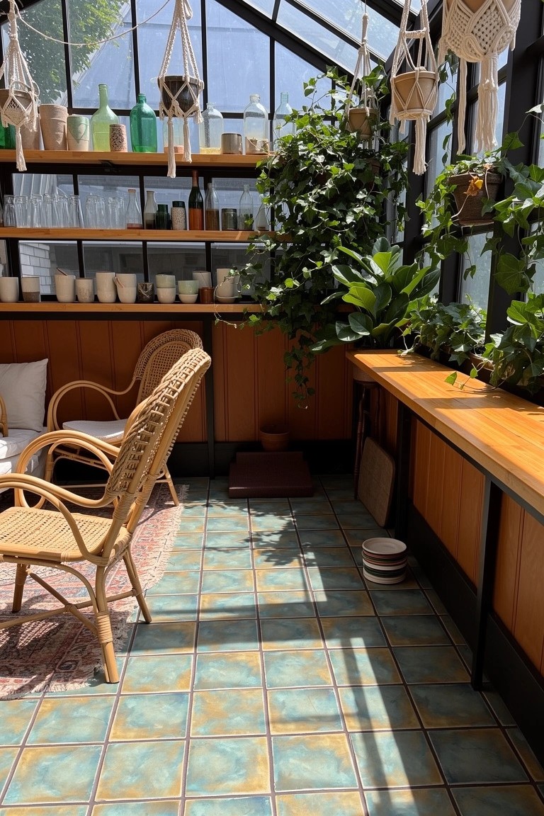 Glass conservatory room filled with hanging plants and macrame, rattan chairs by wooden shelves with pottery jars, blue tiled floor