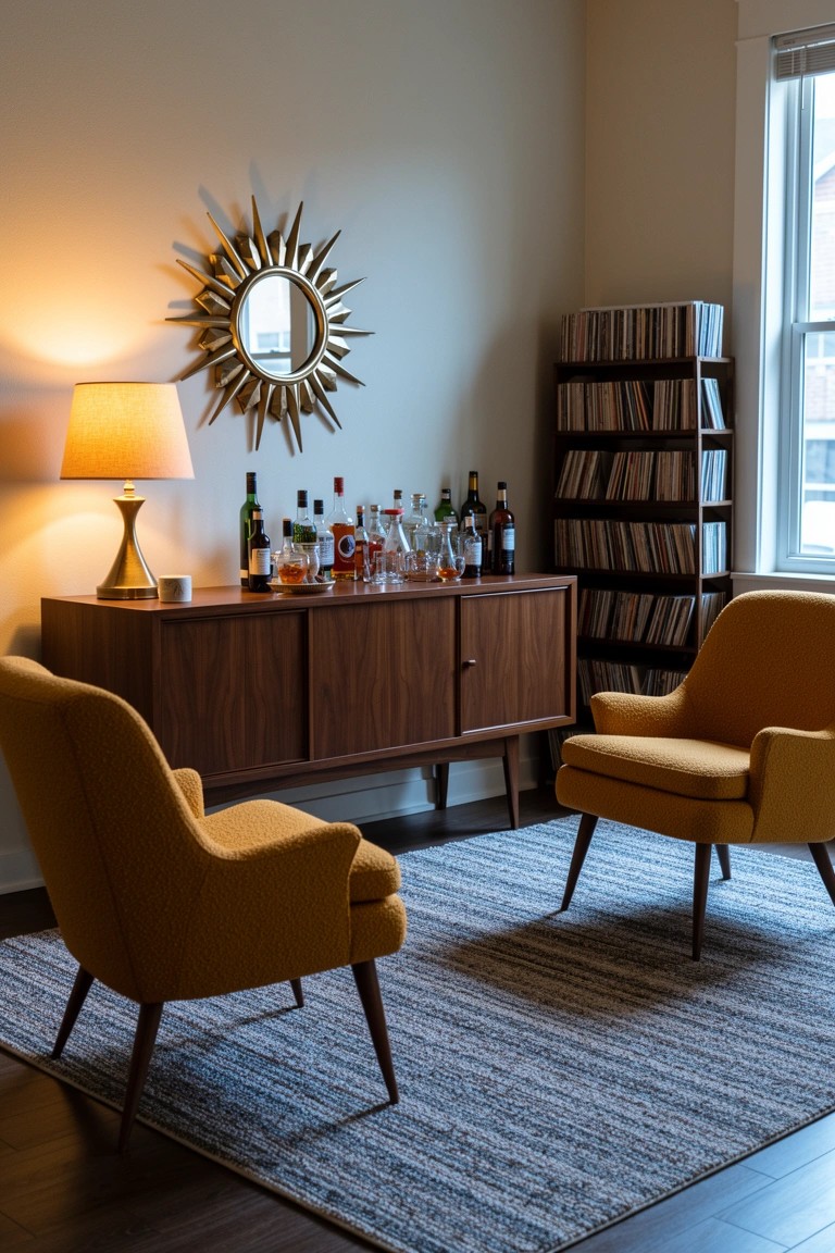 Wooden credenza used as a bar station with liquor bottles on top, orange armchairs, and record shelves in a cozy room corner