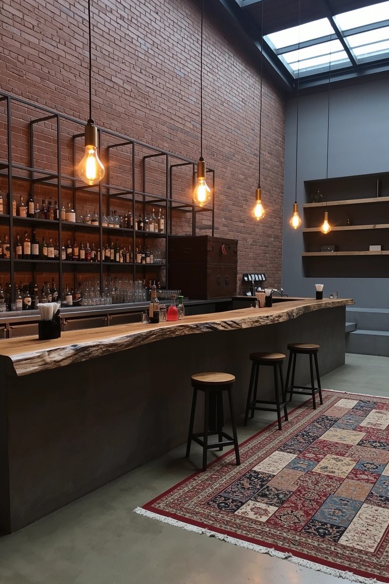 Speakeasy home bar with exposed red brick walls, metal shelving stocked with bottles, live-edge wood counter, and hanging bulb lights