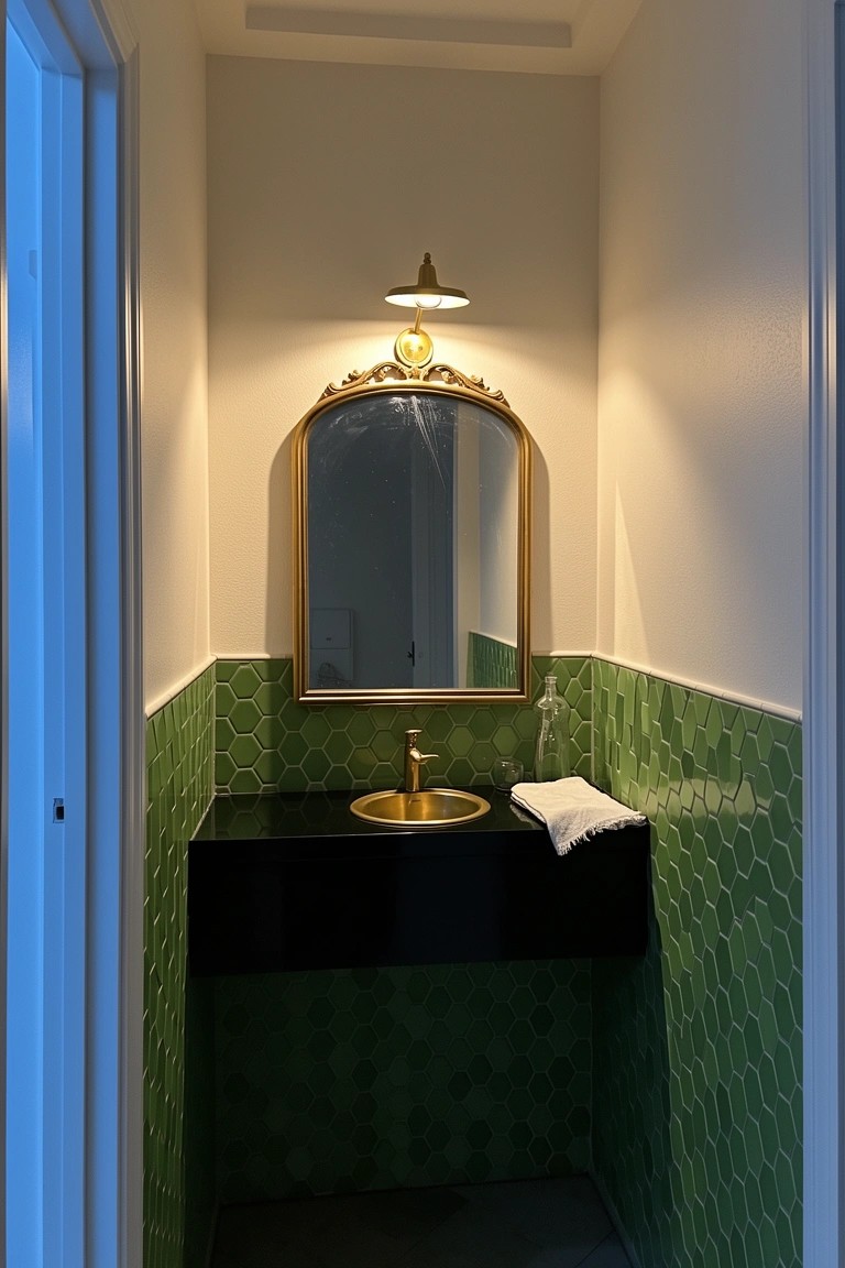 Compact powder room with emerald green hexagonal tiles on lower walls, black vanity, gold sink and arched mirror under warm sconce light
