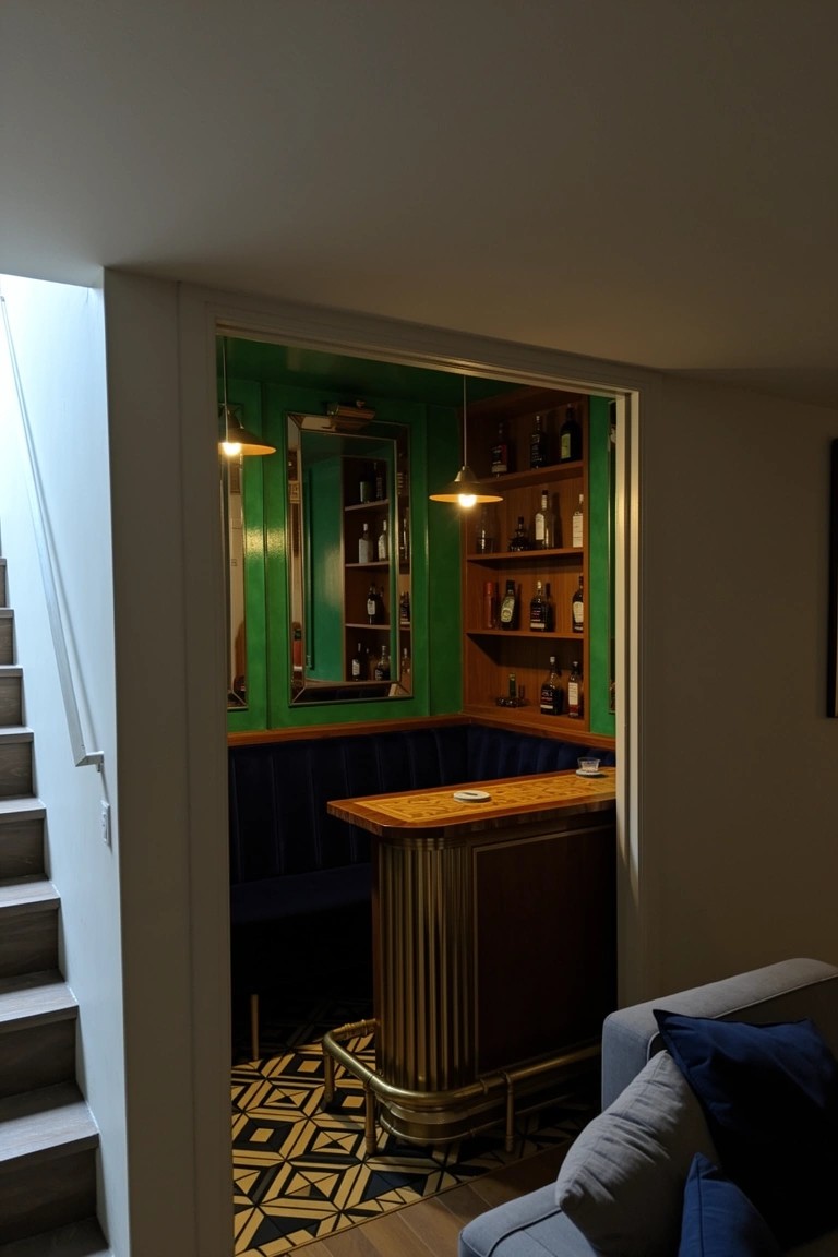 Compact speakeasy bar nook with green walls, brass-trimmed wooden counter, blue velvet bench, bottle shelves, and arched doorway from stairs