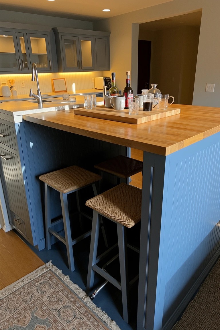 Kitchen island featuring blue paneled sides, wooden countertop with drinks, and two stools for bar seating