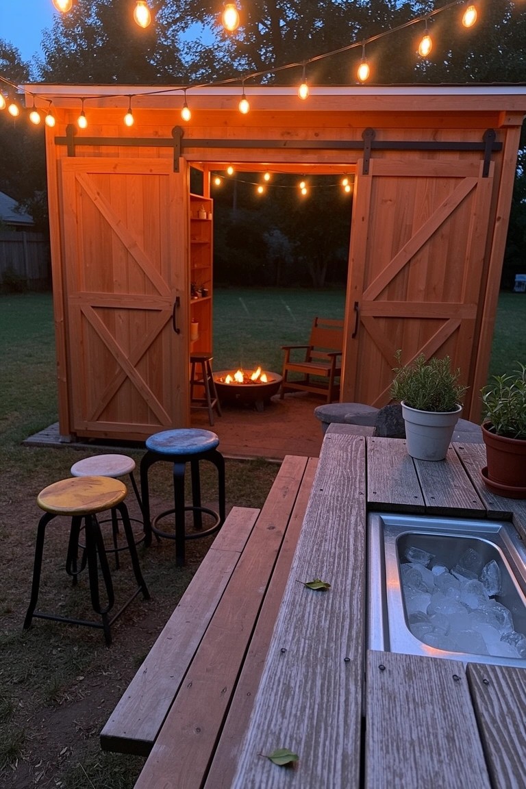 Rustic backyard shed with open wooden barn doors, string lights, fire pit seating, stools, picnic table, and sink with ice