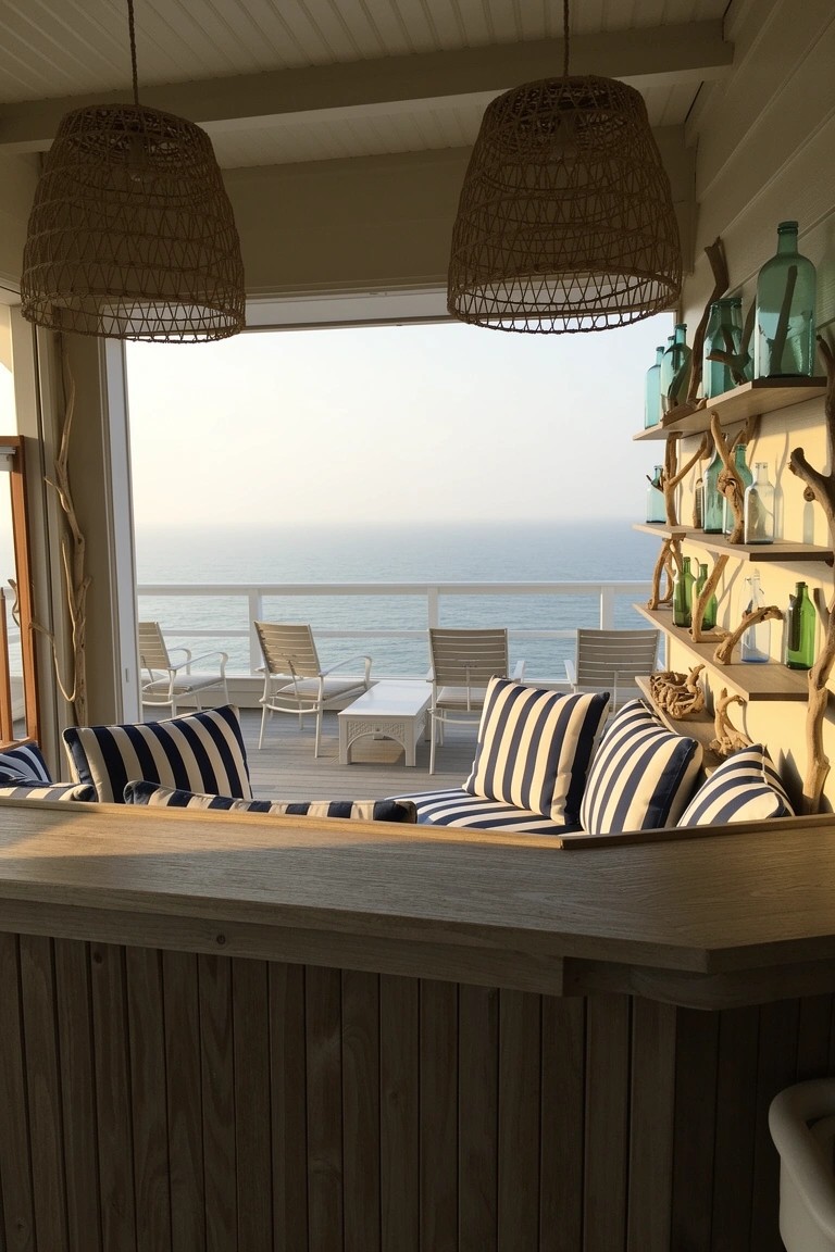 Wooden bar counter on a deck with striped lounge cushions, rattan pendant lights, and ocean view
