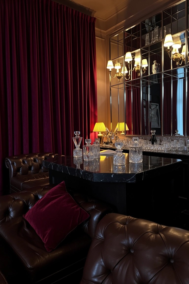 Intimate home bar nook with floor-to-ceiling burgundy velvet curtains, mirrored walls, black marble countertop holding decanters, and leather armchairs with matching pillows