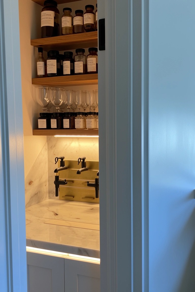 Open white cabinet revealing wooden shelves stocked with bottles and glassware, lit from below over a marble counter