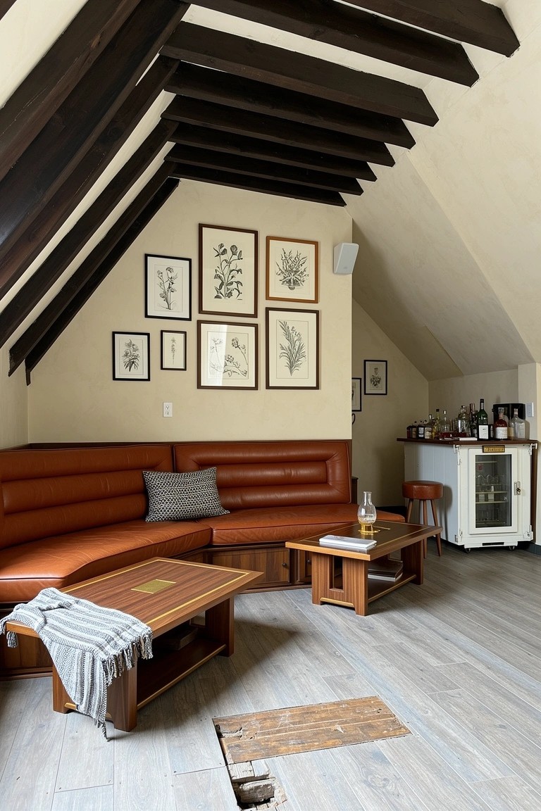 Sloped attic lounge with dark exposed wooden beams, orange leather sectional sofa, wooden coffee tables, botanical prints on walls, and small bar area with bottles and mini fridge