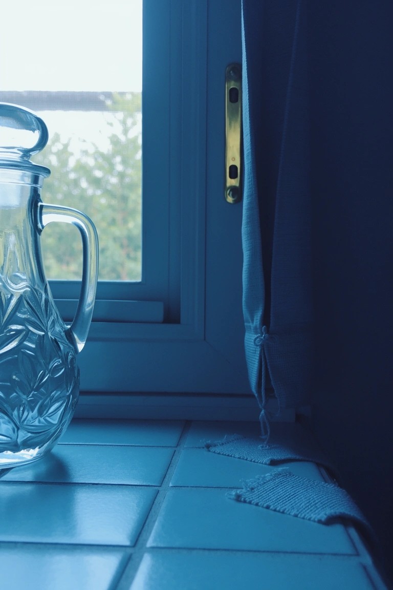 Clear glass pitcher with handle on blue tiled windowsill next to blue curtained window