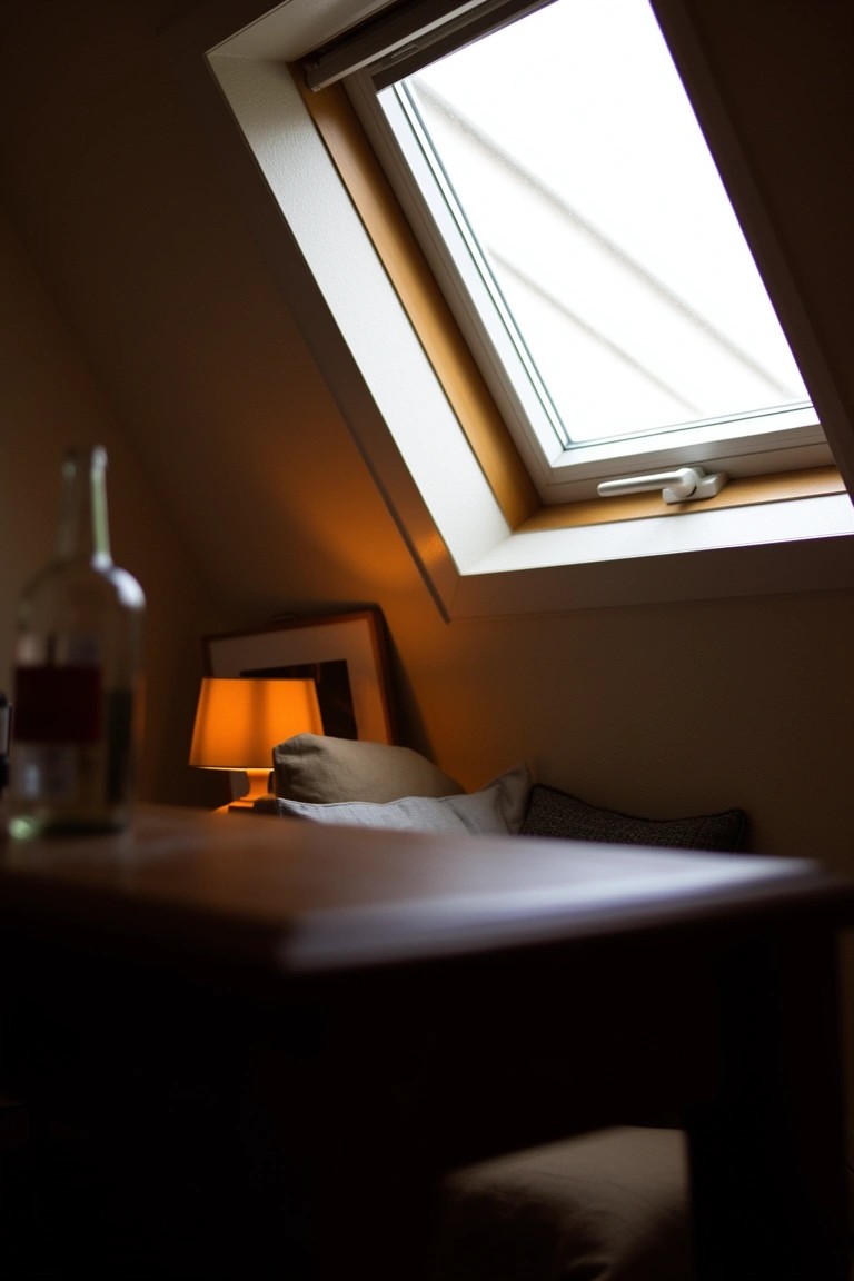 Cozy attic nook with skylight, warm lamp on wooden table next to bottle, pillows, and framed art
