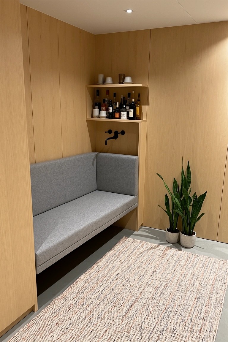 Light wood paneled nook with built-in gray bench, shelves stocked with bottles and cups, potted plants, and neutral rug