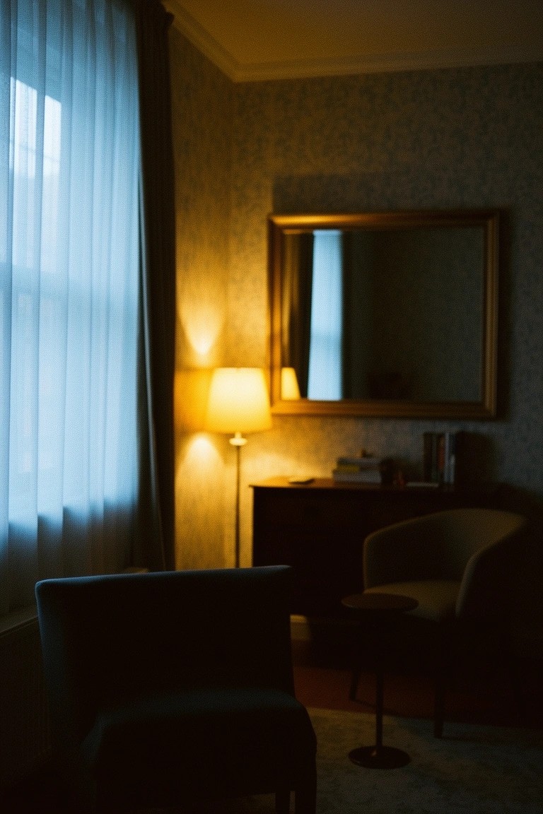 Dimly lit room corner with warm table lamp reflecting in gold-framed mirror, armchairs, sheer curtains on window