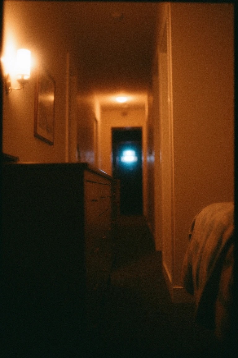 Narrow hallway with warm yellow wall lighting leading to a mysterious blue glow at the far door