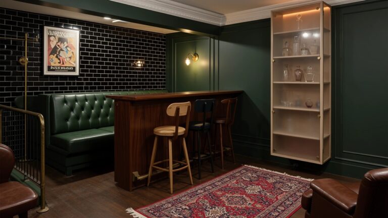 Home speakeasy bar corner with tufted green leather bench, wooden bar top, black stools, and lit glass liquor cabinet on black brick wall