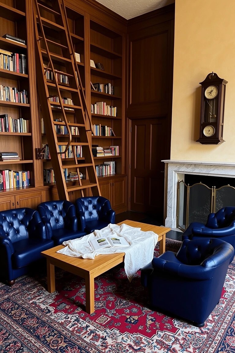 Wood-paneled library corner with tall bookshelves, rolling ladder, blue leather armchairs, draped coffee table, marble fireplace, and red Persian rug