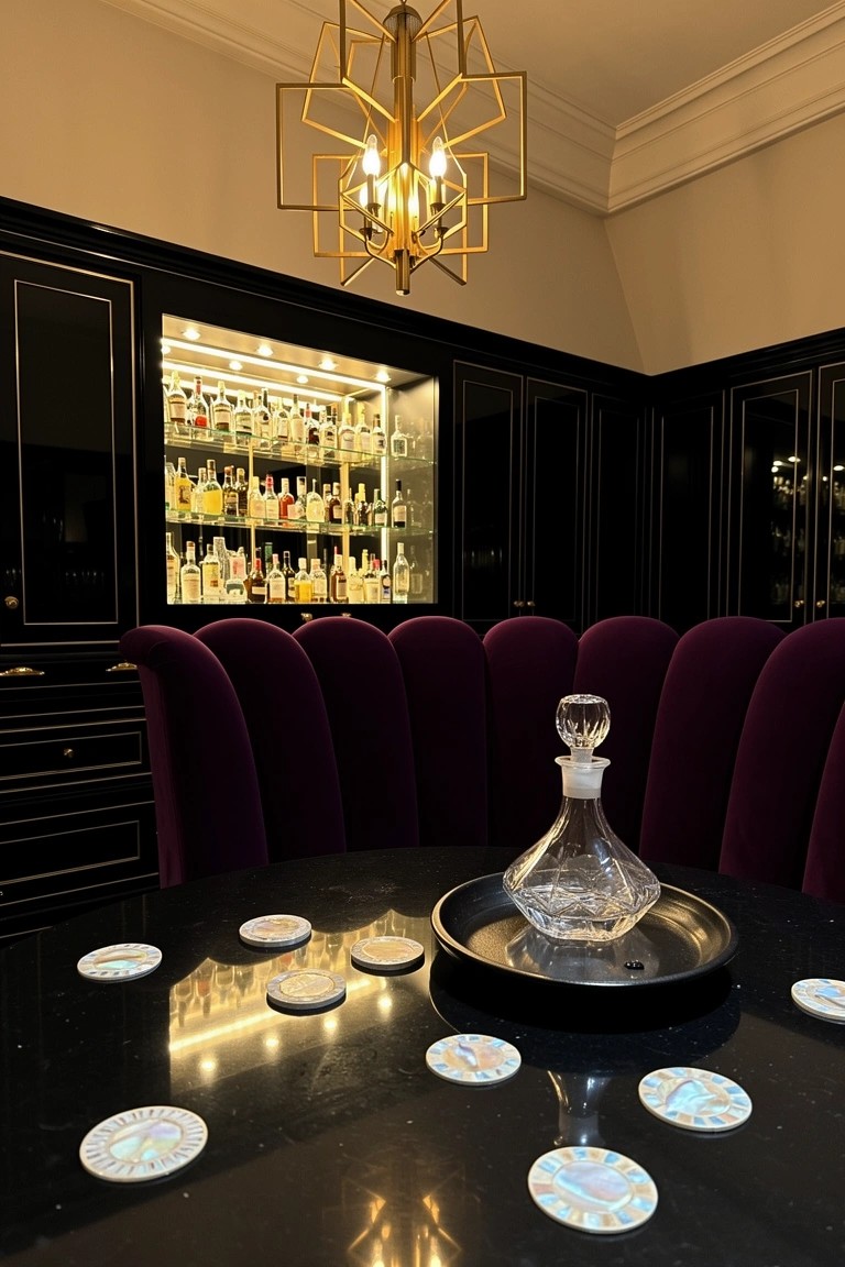 Black lacquered cabinet with backlit rows of liquor bottles, purple velvet chairs around a round table with decanter in a dimly lit room