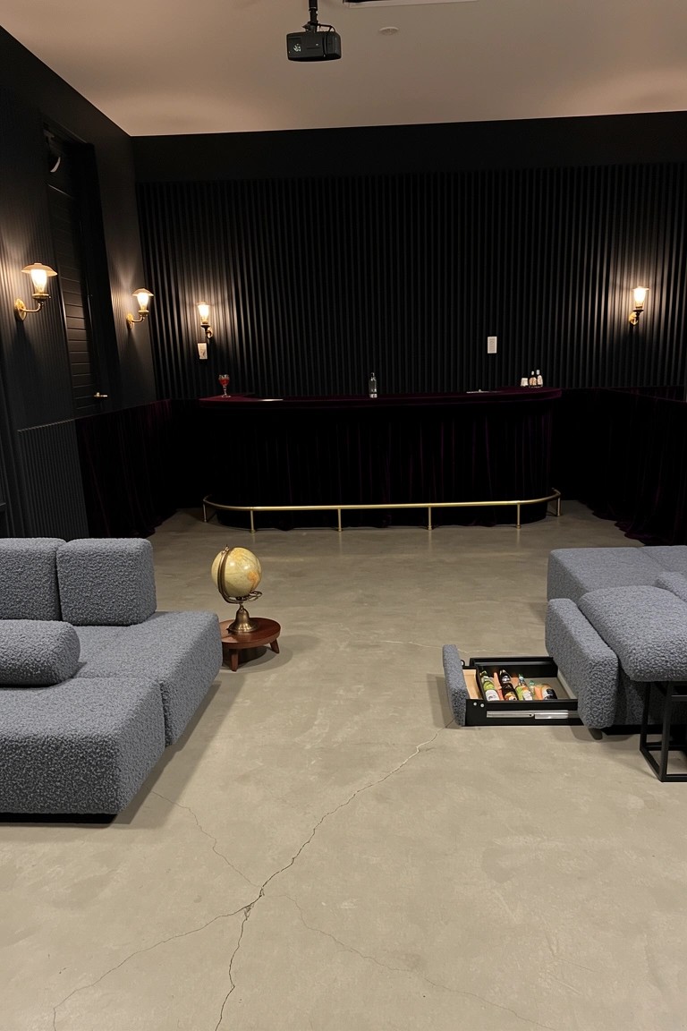 Dark-paneled speakeasy lounge with curved gold bar draped in velvet, low modular blue-gray sofas facing it, and a globe stand in the center