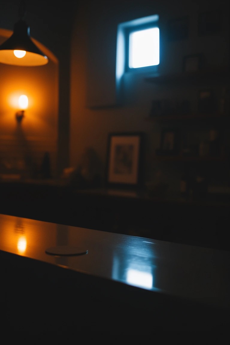 Wooden bar counter glowing under a warm pendant lamp in a dimly lit speakeasy-style room corner