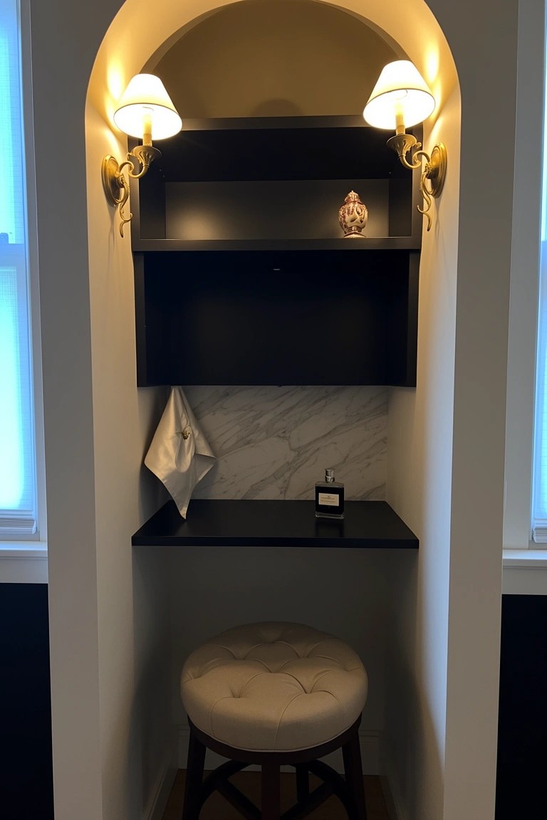Compact arched alcove bar with black countertop, marble backsplash, tufted stool, shelves, and wall sconces