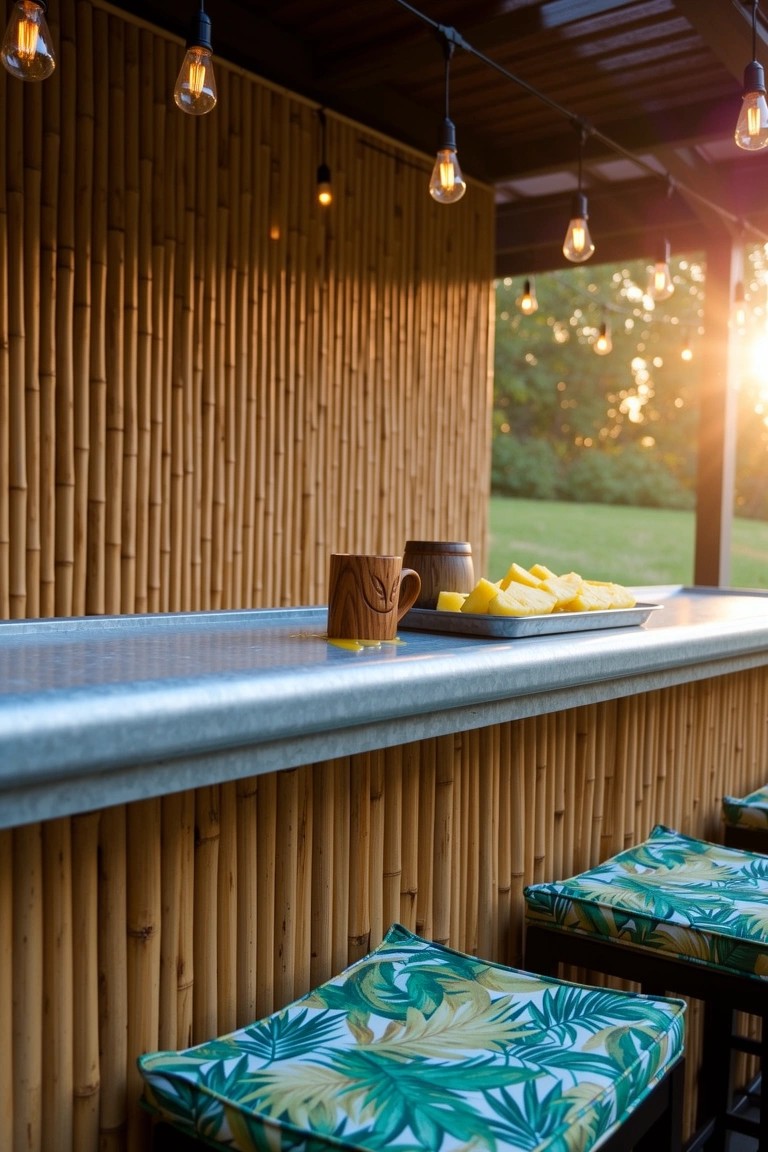 Outdoor backyard bar with tall bamboo walls, smooth metal countertop holding mugs and fruit, green tropical stools, and hanging bulb lights