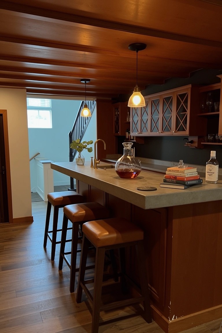 Cozy home bar under exposed wooden beams with warm pendant lights, leather bar stools, wood cabinets, and whiskey decanter on the counter