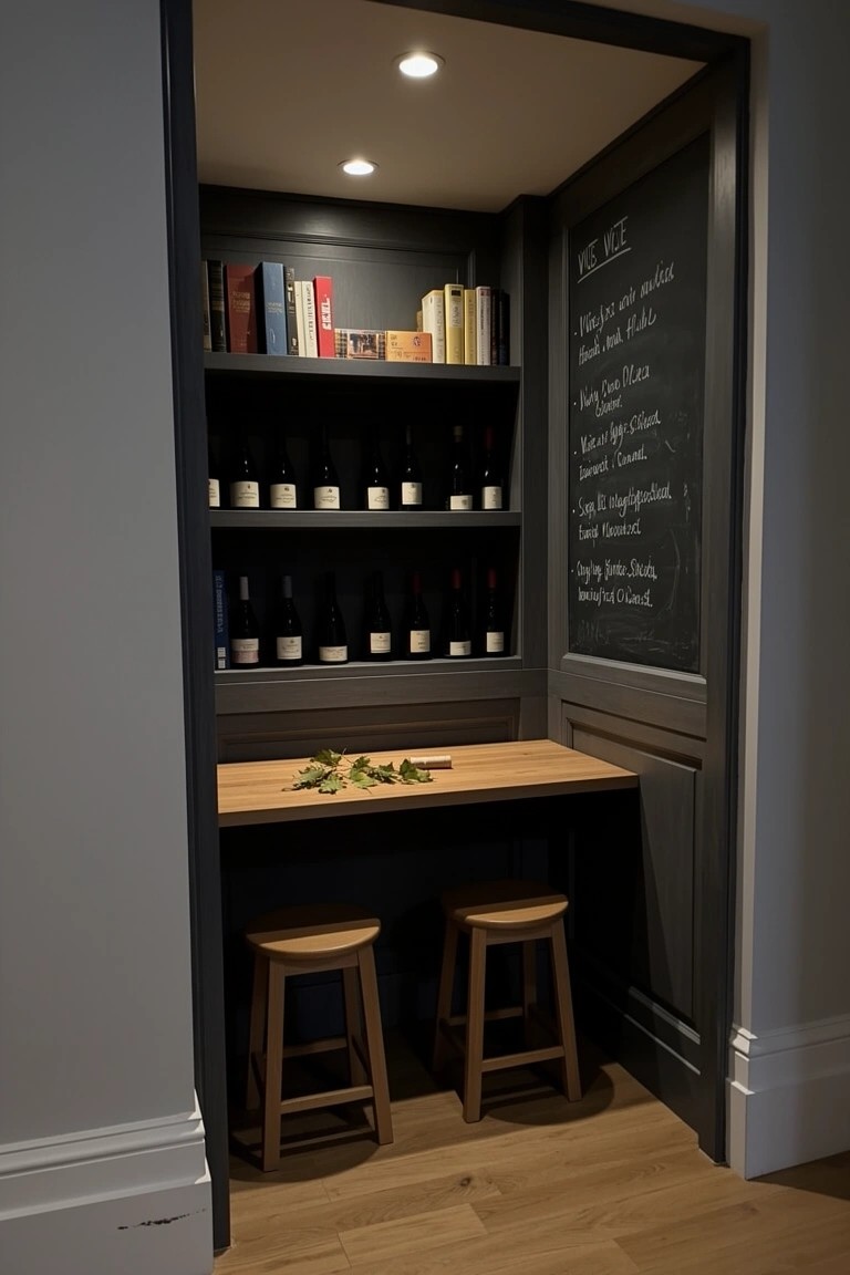 Recessed wall bar nook with dark surrounds, wine bottle racks, chalkboard menu, wooden counter, and two stools