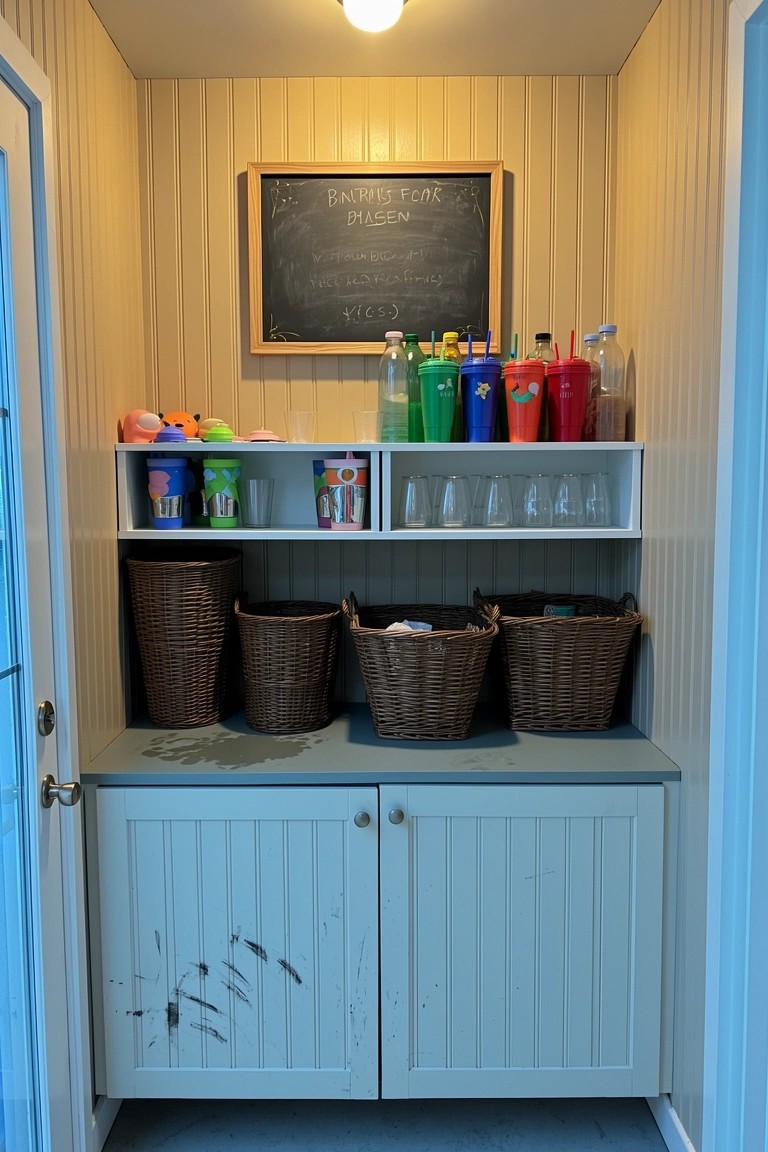 Compact wooden-paneled home bar nook with open shelves of colorful bottles and glasses above woven storage baskets and a countertop