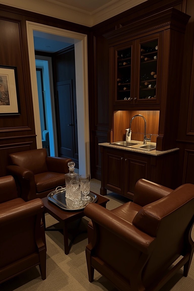 Dark wood paneled corner with built-in cabinets for wine storage, wet bar sink, leather armchairs, and low table holding decanters