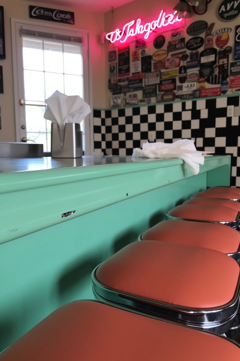 Retro diner-style home bar with turquoise counter, red swivel stools, neon sign, and checkered tile wall