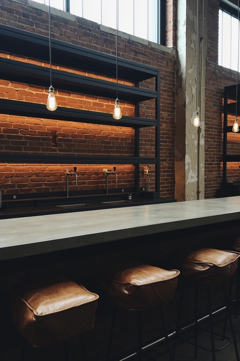 Industrial-style home bar with exposed brick walls, backlit metal shelving, pendant lights, and leather barstools at a white quartz counter