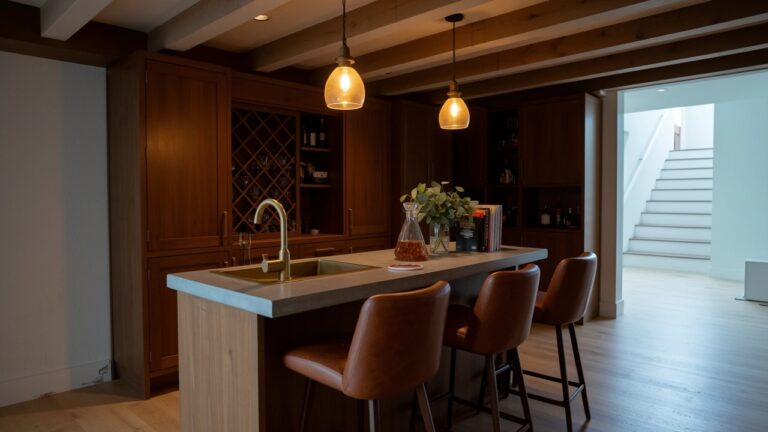 Cozy home bar under exposed wooden beams with warm pendant lights, leather bar stools, wood cabinets, and whiskey decanter on the counter