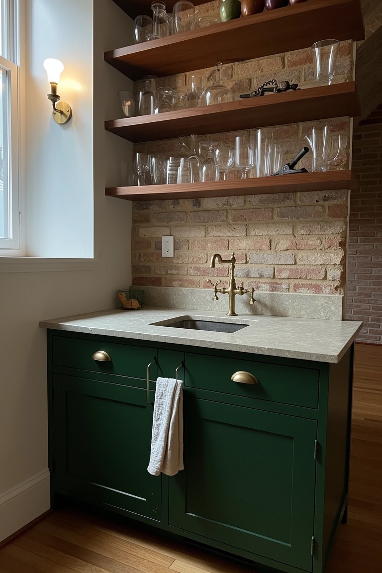 Compact home bar with dark green cabinets, white countertop, brass sink faucet, and open shelves holding glassware against brick wall