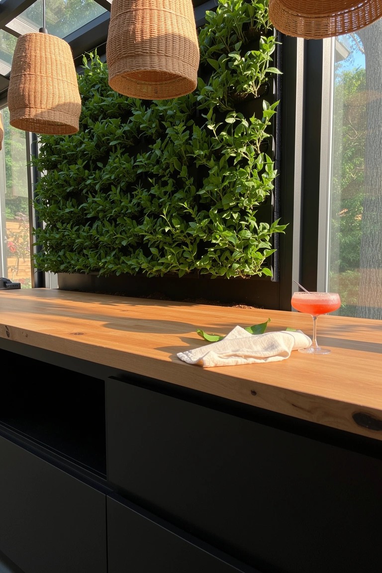 Home bar counter with light wood top and black cabinets, lush vertical green wall backdrop, woven pendant lights overhead, and a pink cocktail with napkin.