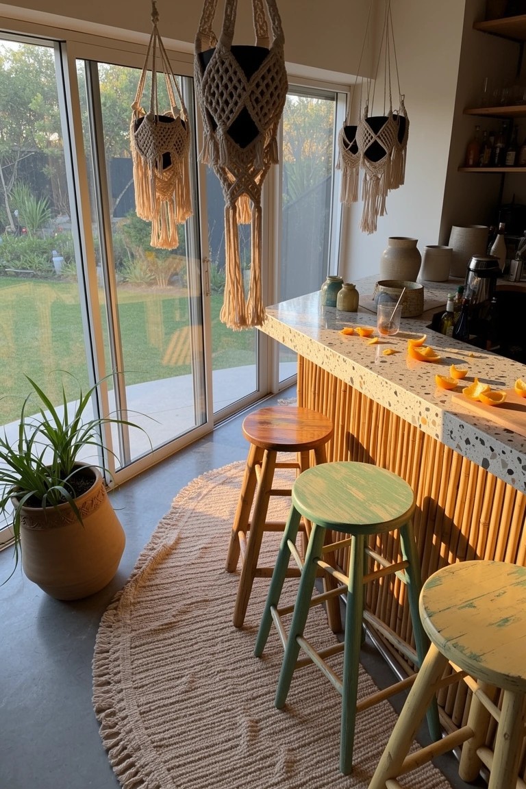 Casual home bar with bamboo counter, wooden stools in orange green and yellow, hanging macrame planters, and sliding doors to backyard garden