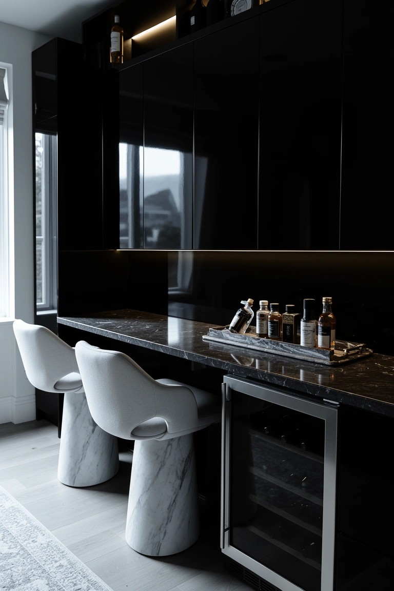 Modern home bar nook with tall black cabinets, backlit bottle shelves, marble countertop, white leather stools on marble pedestals, and stainless wine fridge