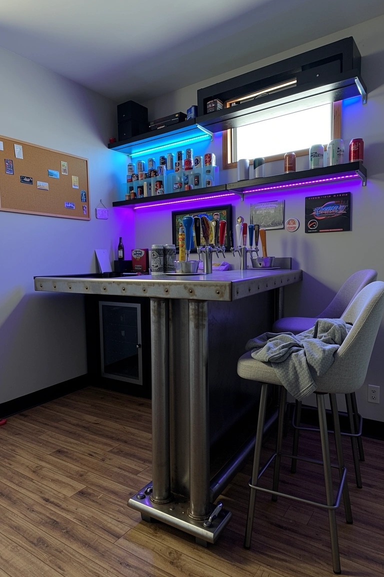 Compact home bar with rugged metal counter on pipe legs, blue LED-lit shelves holding liquor bottles, draft taps, and two stools in a cozy room