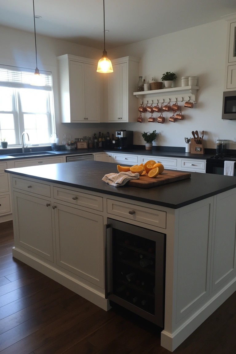 White kitchen island with built-in wine cooler, dark countertop, and wooden cutting board holding oranges